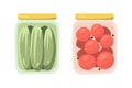 ÃÂ¡anned Pickled tomatoes and cucumbers in banks. Isolated objects in flat style. Vector